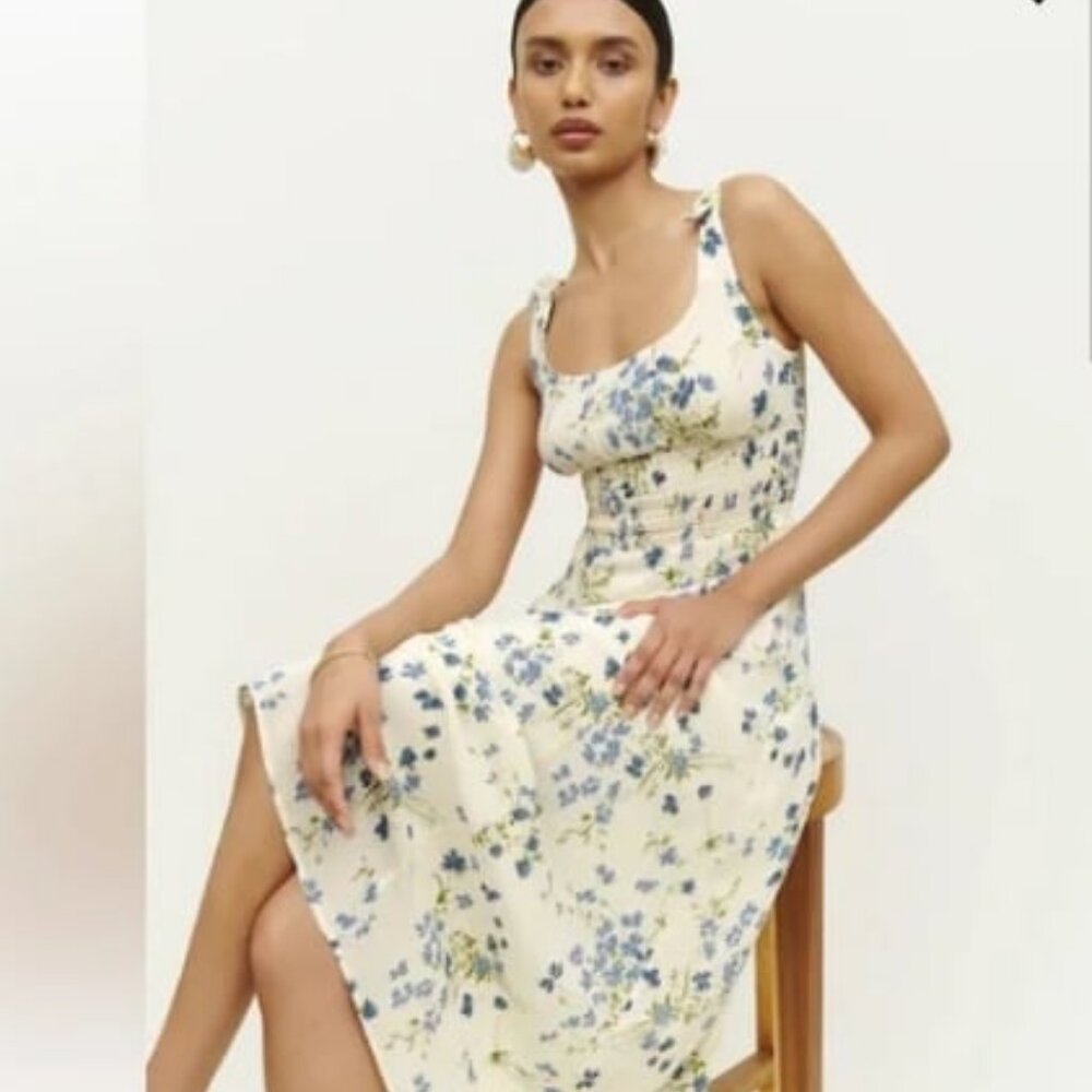 NWT REFORMATION Darby Tie Strap Midi Dress Clarita Cream Blue Floral M